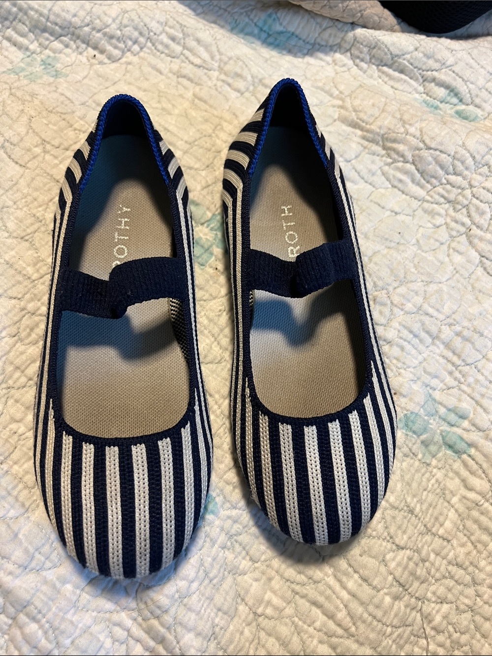 Rothy's Size 3 Kids Navy and White Striped Mary Jane Flats